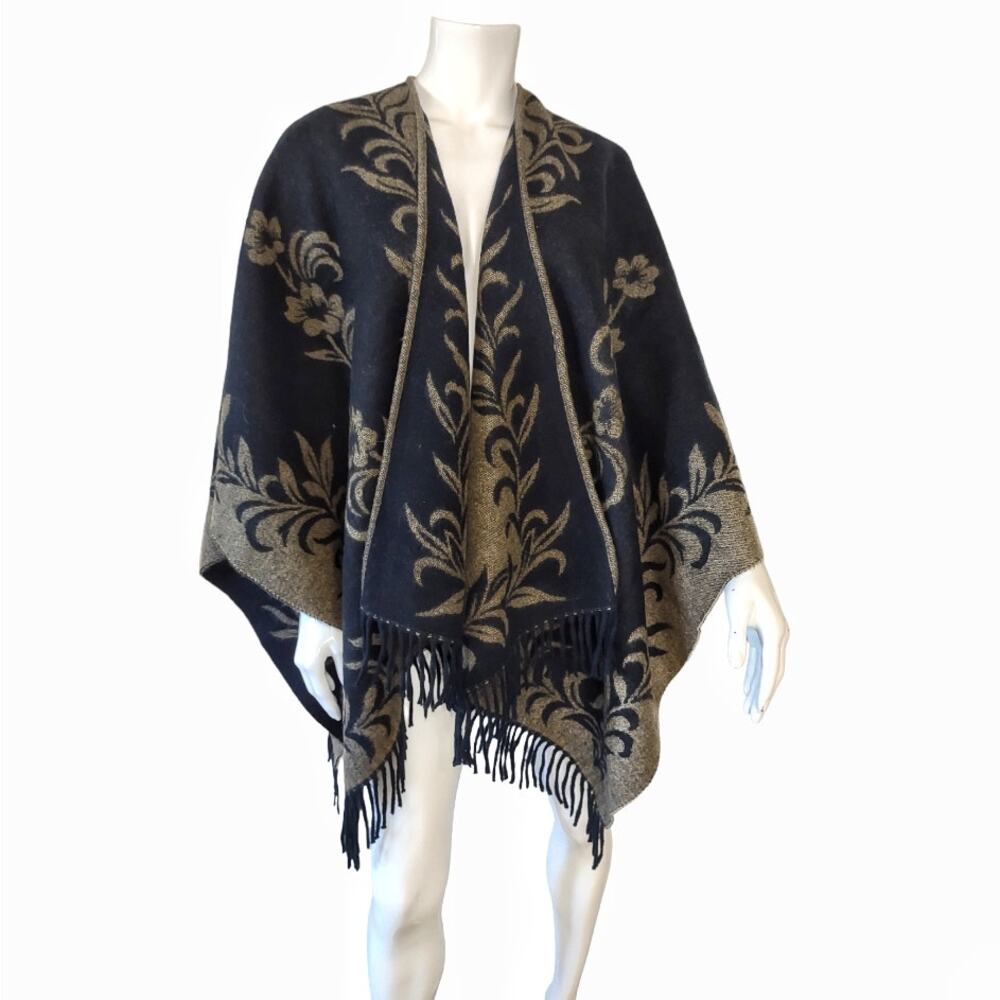 Large Warm Soft Reversible Wrap Poncho Fringe Black Mocha Shawl Scarf Fall Shawl